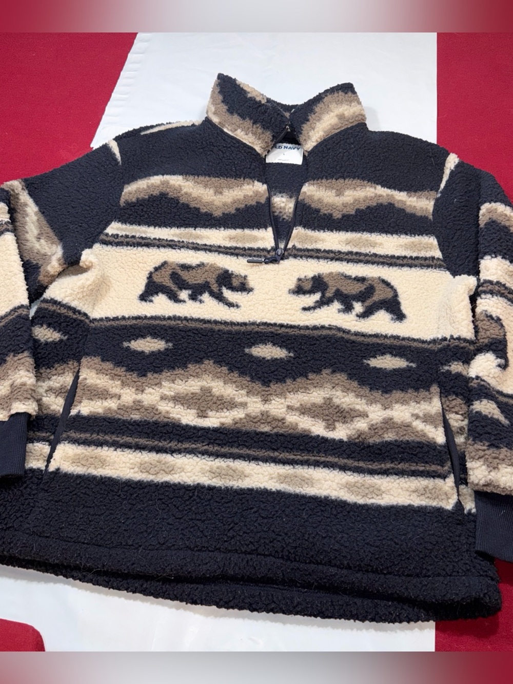 Old Navy Black brown BEAR Geometric Fleece Aztec Pullover Zip Neck, Men's Large